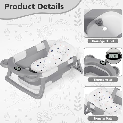 wiwens Collapsible Baby Bathtub for Newborn with Thermometer and 1 Soft Floating Cushion, Portable Travel Bathtub with Drain Hole, Durable Foldable Baby Tubs for Infants to Toddler Applicable 0-36 Month - Image 4