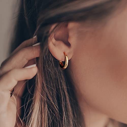 Chunky Gold Hoop Earrings For Women 14K Gold Plated Stainless Steel Thick Hoop Earrings Dainty Cute Hypoallergenic Earrings Minimalist Jewelry Gift #TOP2