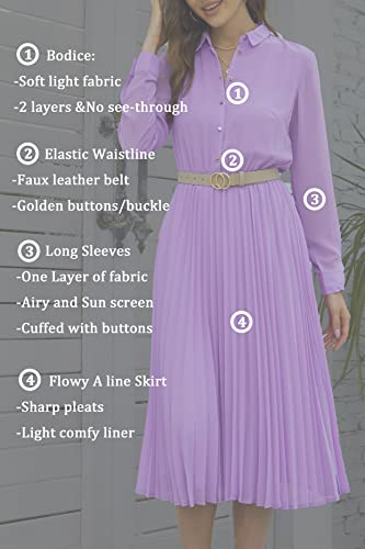 Image of Business Casual Shirt Dress for Women Long Sleeves Pleated Midi Dresses with Belt