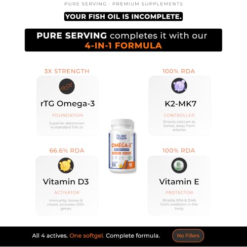 Image of Omega 3 Fish Oil Capsules | Triple 3X Strength 450mg EPA & 300mg DHA | Re-Esterified Triglyceride (rTG) Form | Vitamin D3 K2-MK7 & Vitamin E | Lemon Flavour | Burpless | Pack of 3 | 180 Softgels