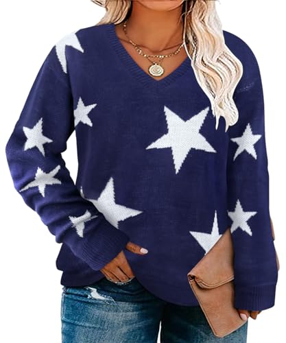 RITERA Women's Plus Size Long Sleeve Sweater Crew Neck Star Pullover Navy Blue Knitted Sweater for Winter 3XL 22W 24W