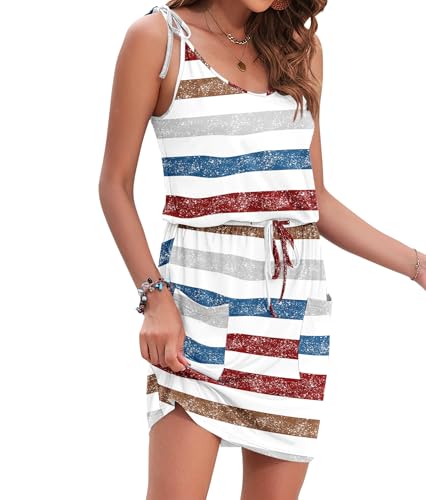 Image of AUSELILY Womens Summer Dresses Sleeveless Spaghetti Strap Beach Cover up Drawstring Waist Mini Short Dress with Pockets