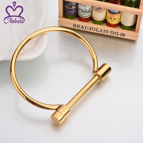 ANBALA Stylish Titanium Steel D Shape Bar Screw and Shackle Cuff Bangle Bracelet for Unisex, Gold,Flat Head Screw2