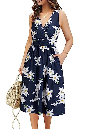 Image of OUGES Women's Summer Spaghetti Strap V-Neck Floral Short Party Dress with Pockets