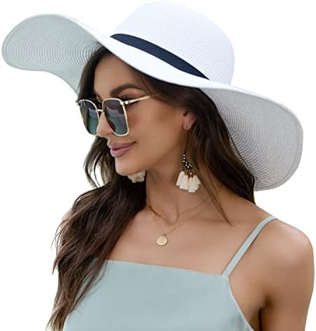 Naivlizer Women Wide Brim Sun Hat UPF50 Straw Summer Hat Floppy Beach Hat Roll-Up,Tie White