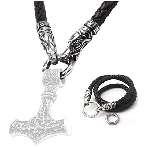 BAVIPOWER Viking Wolf Head Leather Necklace for Men Women with 2 Different Clasps CHAIN ONLY 316L Stainess Steel Nordic Scandinavian Vikings Jewelry (28) Cover