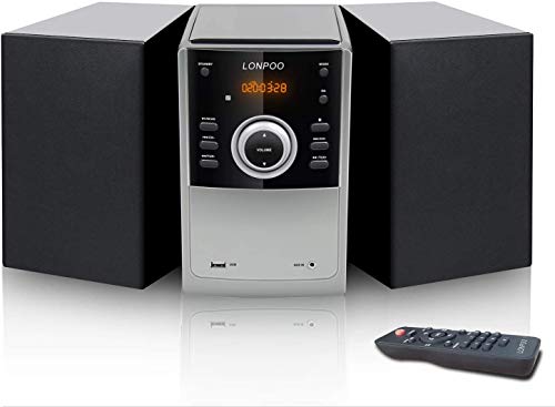 LONPOO Micro CD Player,Home Stereo System 30W Mini Hi-Fi Stereo with Bluetooth, USB, FM Radio, MP3, CD-R/CD-RW, Aux, CD Playback, Remote Control, Home Audio (Noir)