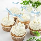 30Pcs Baby Blue Bow Cupcake Toppers - Shimmer Polyester Cake Decor for Coquette Theme, Baby Shower, Birthday, Wedding & Bridal Celebrations