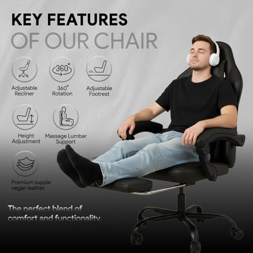 Image of ValorX USA Striker 2026 Edition | Ergonomic Gaming & Office Computer Chair | Premium PU Leather | Dual Massager Back Support | Adjustable Neck & Lumbar Pillow | Ergo Sync Armrests | Footrest (Black)