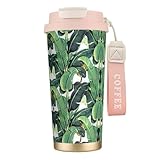 YBGHDAA Taza de café con diseño de hojas de plátano tropical 316 de acero inoxidable, vaso de café con fugas, aislado con forro, taza térmica