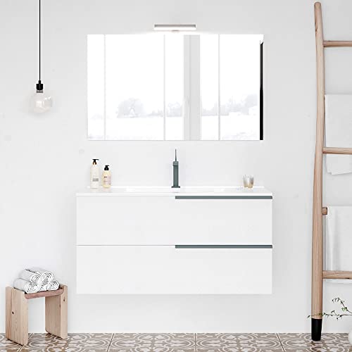 Colore: bianco Alaska Mobile Bagno sospeso 100 cm Bianco in Legno MDF, 2 cassetti Chiusura Soft-Close, lavabo e Specchio LED, Serie Victoria