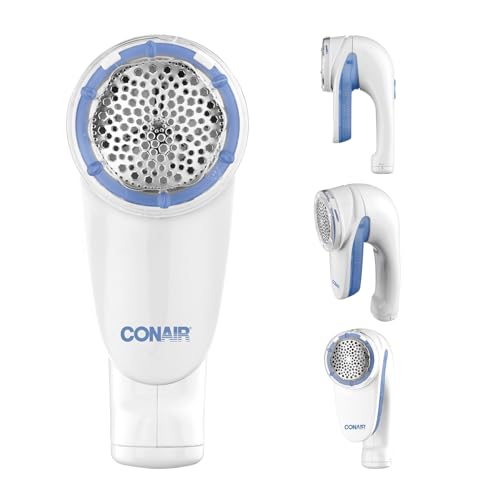 Conair CLS1XE Éliminateur de Peluches, Rasoir Anti-Bouloches à Piles pour Vêtements et Tissus, Poignée Ergonomique, Tête Large, Blanc-Bleu