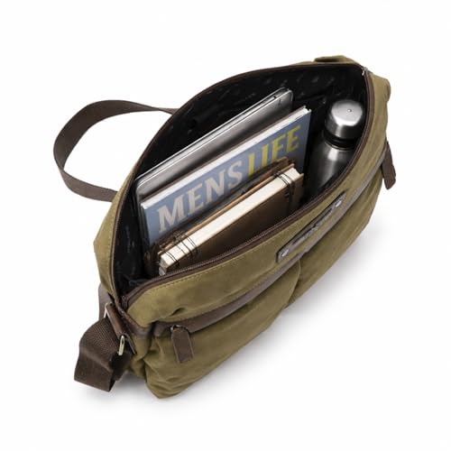 Image of Police Premium Messenger Bag for Men | Separate Laptop Compartment with Multiple Utility Pockets | Durable Canvas & Leather Trim | Adjustable Shoulder Strap | Olive Green