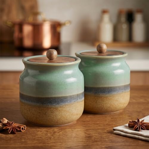 Image of The Earth Store Rustic Green Ceramic Jar Set of 2, 800ML Airtight Kitchen Storage Containers | Ceramic Jars for Spices, Sugar & Pickle Storage | Multipurpose Food Storage Containers for Kitchen