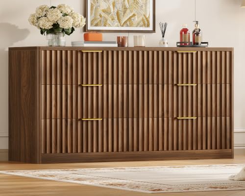 Image of TEENFON Fluted 6 Drawer Dresser for Bedroom, Wide Modern Chest of Drawers with Metal Handle, Curved Profile Design, Wood Closet Clothes Storage Organizer for Bedroom, Hallway, Walnut