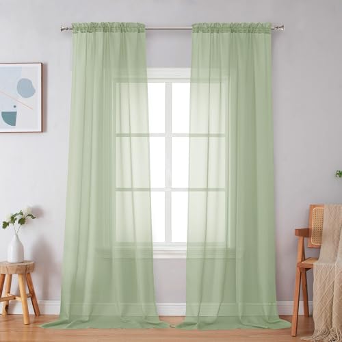 Image of Simplebrand Light Green Sheer Curtains 96 Inches Long 2 Panels, Light Filtering Rod Pocket Solid Color Window Sheer Curtain Panels, Elegant Curtains & Drapes for Living Room, Bedroom, 42 inch W x 96 inch L