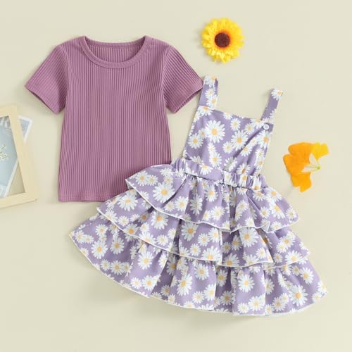 Image of Toddler Baby Girl Summer Clothes Kids Short Sleeve Solid T-Shirt Ruffle Daisy Skirts Overalls Dress Outfit 18M-6T