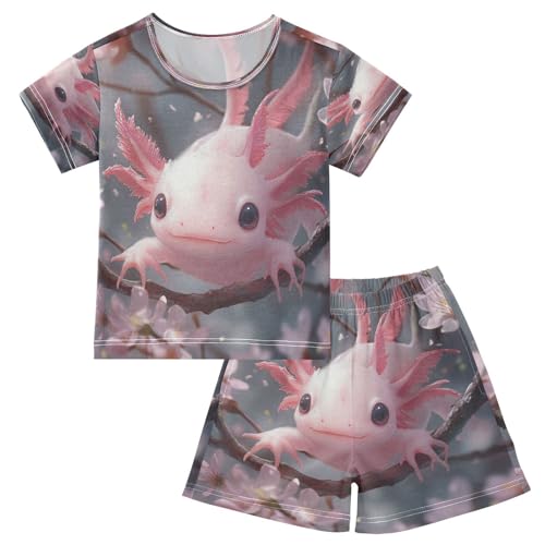 Pajama Sets Short Sleeve Kawaii Pink Axolotl Cherry Blossoms Soft Cotton Summer Sleepwear 2 Piece PJS Size 5-14T
