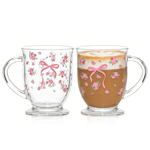 KEMORELA 16oz bow glass coffee mugs Set of 2, Cute...