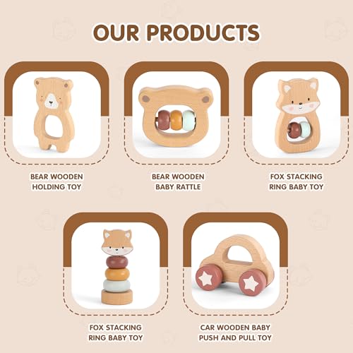 Freniland Wooden Montessori Toys, 5-Piece Wooden Baby Toys, Bear Wooden Baby Rattle, Fox Stacking Ring,Wooden Car Push and Pull Toys, Bear Grasping Toys,Newborn Baby Gift Sets for Boys and Girls