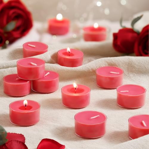 Velas de té perfumadas, Wisper of Rose, paquete de 48 velas aromáticas rojas, 100% cera de palma, 6 horas de combustión, vela votiva de aromaterapia para cena, dormitorio, spa