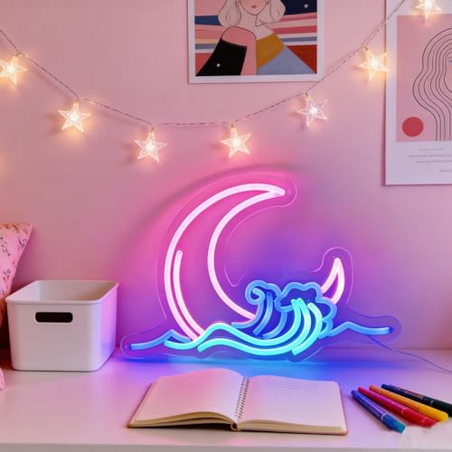Image of Moon and Wave Neon Sign for Wall Decor Pink Moon Blue Wave LED Neon Light for Bedroom Dresser Aesthetic Room Decor USB Powered Wall Art for Living Room Bar Kid's Room Ideal Teens Girls Gifts
