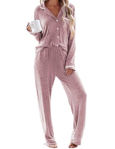 Ekouaer Womens Pajama Sets Long Sleeve Button Down 2 Piece Lounge Set Pink - image 1