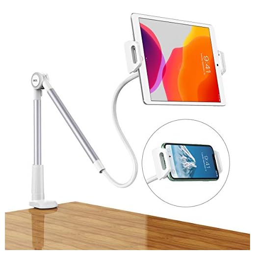 Dracool Tablet Holder Gooseneck Tablet Stand Mount Flexible Arm Clip 180 Adjustable Tablet Stand Desk Bed for iPad Pro Air Mini, Galaxy Tabs, iPhone, 4.7-10.5" Phones and Tablets - Silver