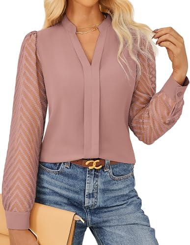 GRACE KARIN Women Business Casual Tops Sheer Lace Long Sleeve Blouses Work Office Pleated V Neck Shirt Fall Formal Outfits GRACE KARIN Women Business Casual Tops Sheer Lace Long Sleeve Blouses Work Office Pleated V Neck Shirt Fall Formal Outfits