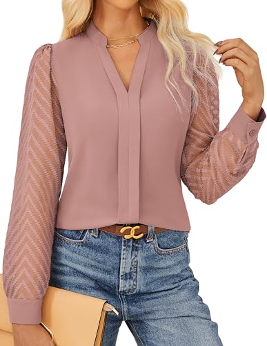 Best Cap Sleeve Tops for Women Over 50 (Flattering Styles Worth Buying) 8 Pink Shirts for Women Dressy Elegant Casual V Neck Lace Long Sleeve Tops Work Business Blouses Trendy Fall Outfits 2025, Dusty Pink, Medium