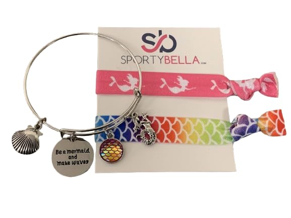 Image of Sportybella Mermaid Gift Set, Charm Bangle Bracelet and Hair Ties, Pink Mermaid Jewelry- Gift For Her