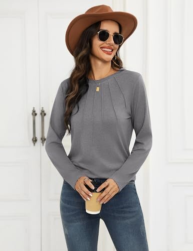 Gyabnw Camiseta de Manga Larga para Mujer Informal Camisa Plisada con Cuello Redondo Blusas Básico Chic y Elegante