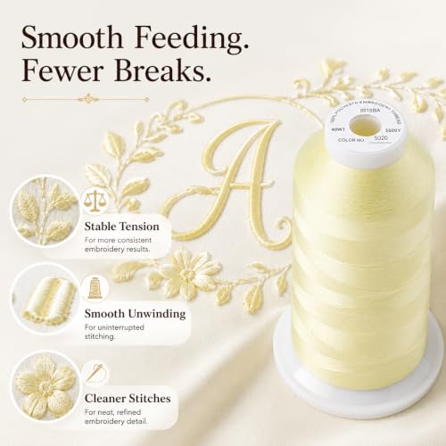 Image of Simthread 5500Yds /5000M 40WT Polyester Embroidery Thread Soft Lemon S020 | High-yardage 5000M spool offers smooth feeding and stable 40WT polyester thread for home and commercial embroidery machines.