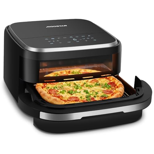 Aigostar Heißluftfritteuse mit XL 745 cm Garfläche (27.3 * 27.3cm) leiser Extra-Crisp Technologie Pizzafunktion Doppelheizung Sichtfenster 11 Programmen Touchscreen Metall-Innenraum Schwarz