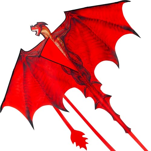 JOYIN Dragon Kites for Kids and Adults, Easy to Fly Large Single Line Kite for Kids - 55' x 46' Red Kites with 328ft String for Beginners,Dragon Red...