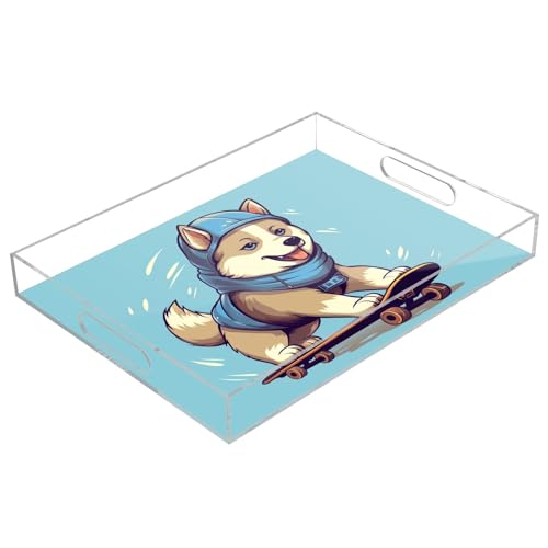 Charolas acrílicas para servir de patineta Siberian Husky, bandeja rectangular transparente con asas, para mesa de café, cocina, baño