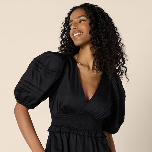 Image of Amazon Essentials Women's Regular-Fit Cotton Sateen Puff Sleeve Midi Dress, V-Neck