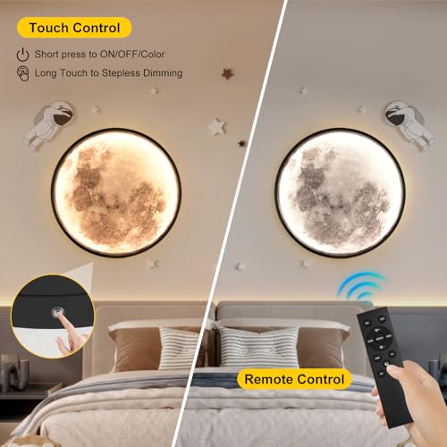 Image of Battery Operated Moon Wall Sconces 12 inch 3 Color Dimmable Rechargeable Moon Wall Light with Remote Control Black Moon Wall Lamp Indoor Wall Mounted Lighting for Living Room Bedroom