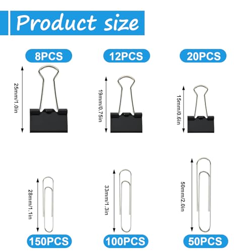 Binder Clips Paper Clips Assorted Sizes, 340 pcs Binder & Paper Clips in Container with Compartments, Silver Paper Clips & Black Binder Clips Set for Home, School, Office Supplies - Thumbnail 2
