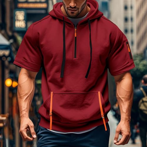 Mens Hooded Shirts Zipper Short Sleeve/Sleeveless Tshirts Workout Sport Loose Fit Breathable Summer Tops with Pockets2