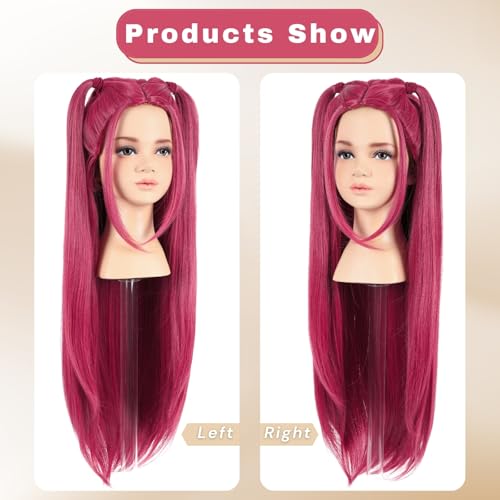 Image of morvally 27.6 Inches Long Red Wig with 2 Ponytails - Anime Cosplay Wigs for Halloween Costume Party (Red, Small Head)