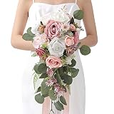 Serwalin 9.8in Wedding Bouquets for Bride, Pink White Bride Bouquets Artificial Roses Flowers for Wedding Home Decoration, Wedding Ceremony and Anniversary Decor