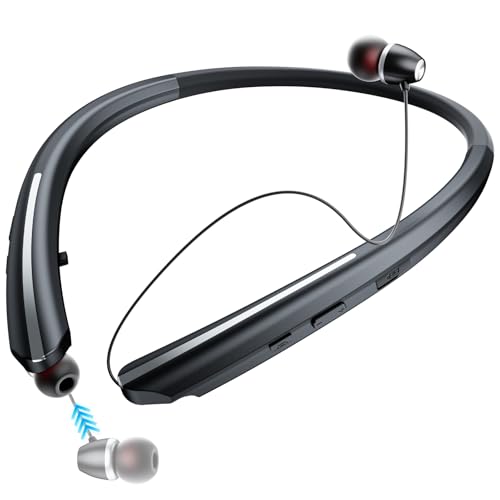 LHKLUK Neckband Bluetooth Headphones, Retractable Headset with Mic, Wireless Earphones Vibration Call, Stereo Noise Cancelling Earbuds for Sports, Running, IPX5 Sweatproof (Black)
