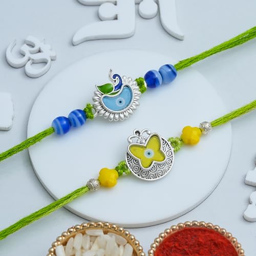 Image of eCraftIndia Beautiful Butterfly Peacock Designer Rakhi Set of 2 | Rakhi for Brother Bhaiya Bhai with Best Bro Ever Fridge Magnet | Roli Chawal Pack