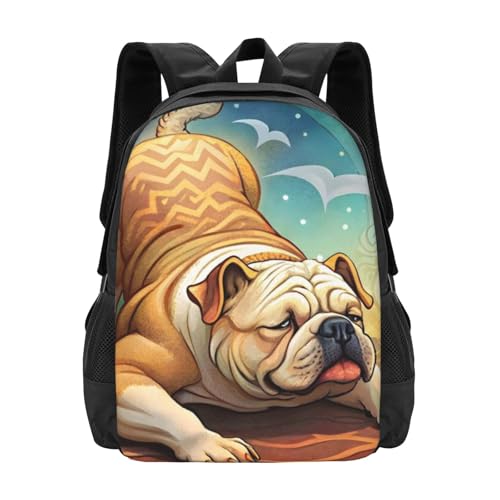 Large Capacity Bulldog Stretching Enchanting Dog Art Backpack Multipurpose Bag Zipper Backpack Unisex 17 in