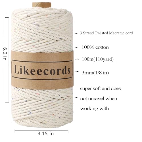 Likeecords 2 Rolls of Cotton Macrame Cord 3mm x 100m, 3 Strand Twisted, Macrame Rope, Macrame String Cotton Yarn, Macrame Yarn Craft Cord for Knitting Plant Hangers Christmas Décor (Spot White) by Likeecords - Used condition - Image 2