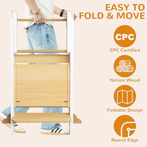 Image of ROOMTEC Foldable Toddler Kitchen Tower, 3 Adjustable Height Wooden Learning Stool, Toddler Standing Tower with Safety Net for Kitchen Bathroom Sink Counter (White)