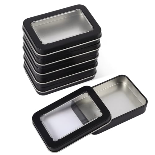 Lot de 6 boîtes en métal avec couvercle, boîte de rangement rectangulaire en métal avec couvercle, boîte en tôle avec fenêtre transparente, petite boîte en métal avec couvercle transparent (noir)