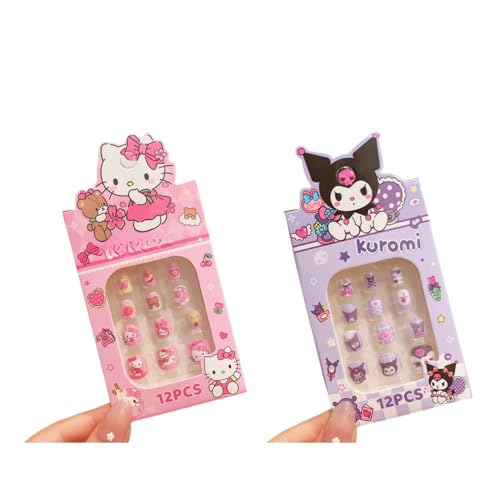 OMEIU Store 24Pcs 2 Pack Children Acrylic Fake Nails Press on Pre-glue Full Cover Glitter Color Rainbow Unicorn Mermaid Kids Stick On False Nail Art Kits Set Girls Birthday Gift (Set 01, one size)