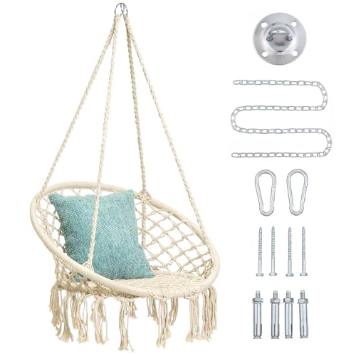 Mertonzo Hammock Swing Chair for 2-5 Years Old Kids,Handmade Knitted Macrame Hanging Swing Chair for Indoor,Bedroom,Yard,Garden- 230 Pound Capacity Off-White- with Suspension Kit by Mertonzo - Used condition - US$37.28